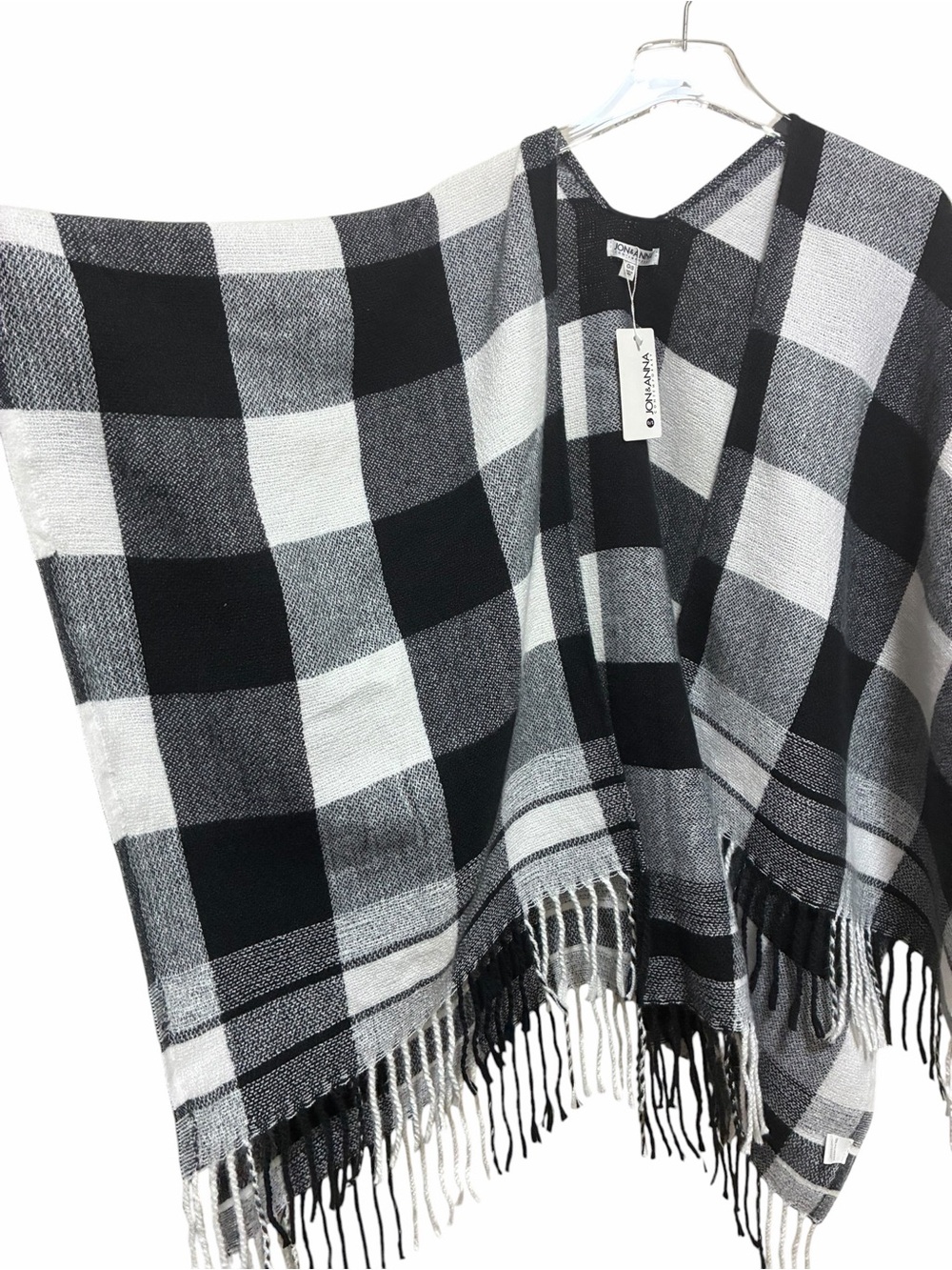New Jon & Anna Poncho One Size Shawl Cardigan Wrap Fringe Plaid Black White OS - Picture 9 of 11